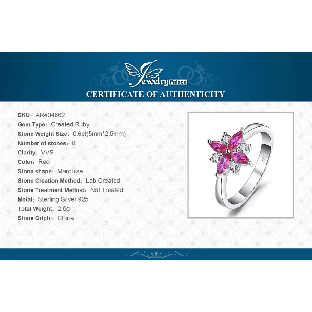 Jewelrypalace цветы 0.85ct создан Рубин заявление кольцо стерлингового серебра 925