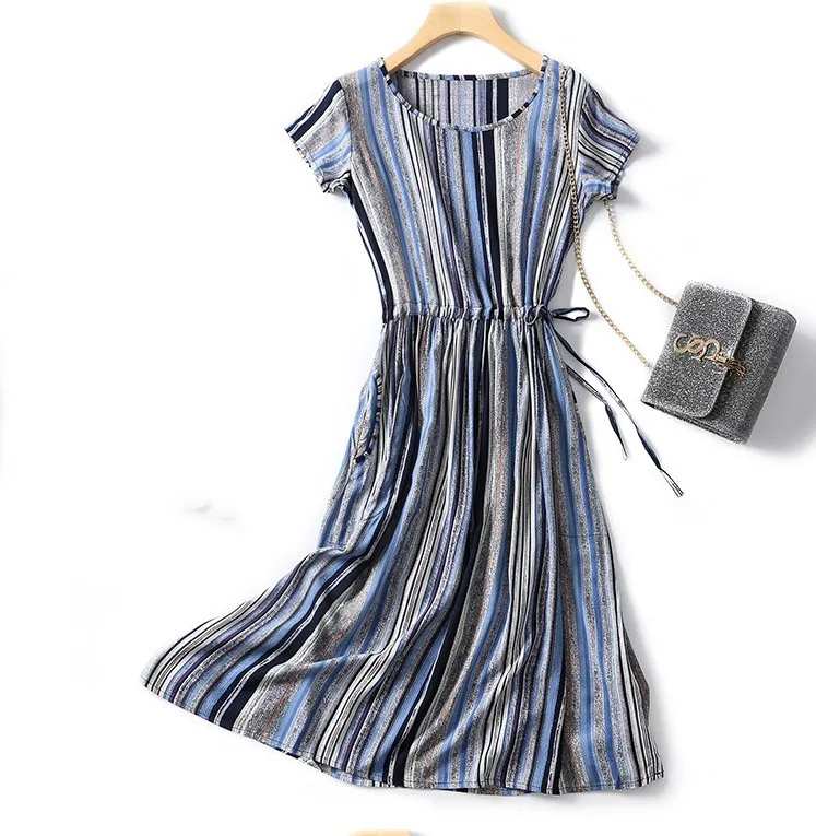 Крутое дышащее платье в горошек из вискозы с вертикальными полосками узором для