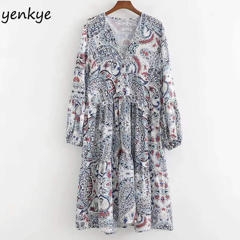 Праздничное летнее платье 2019 женское цветочный принт бохо леди v образный вырез с