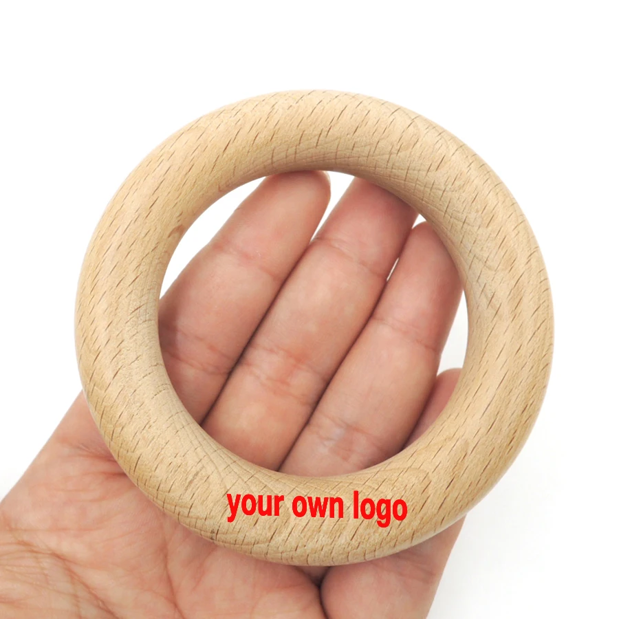 80mm natural  personalised logo DIY Organic beech Ring round beech Wooden baby teethers toddler