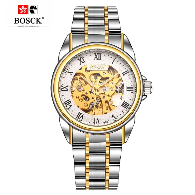A White Dial BOSCK 3D дизайн полые с автоматическим заводом механические наручные часы выгравировать Скелет Мужские автоматические механические часы Relojes Mecanicos - Цвет: A White Dial