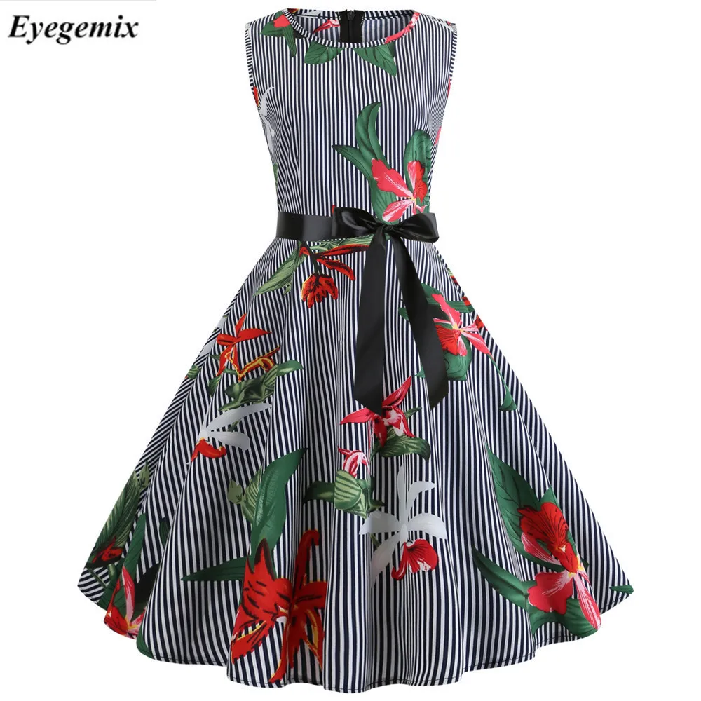 Цветочные принты винтажное платье с высокой талией женское 2019 летнее Vestido