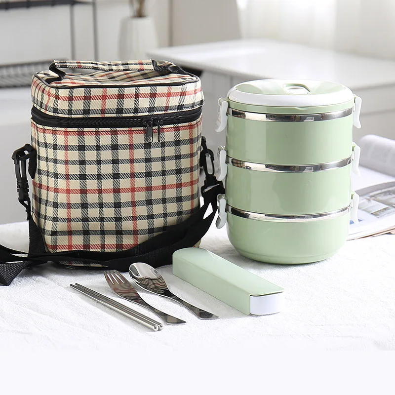 Green 3Layer And Bag Детский Взрослый Ланчбокс 304 из нержавеющей стали контейнер для еды термос пластиковый школьный бэнто Ланч-боксы кухонные аксессуары в японском стиле - Цвет: Green 3Layer And Bag