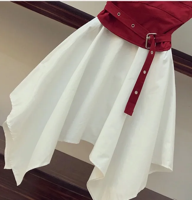 Женское асимметричное платье-рубашка с коротким рукавом + маленький жилет поясом