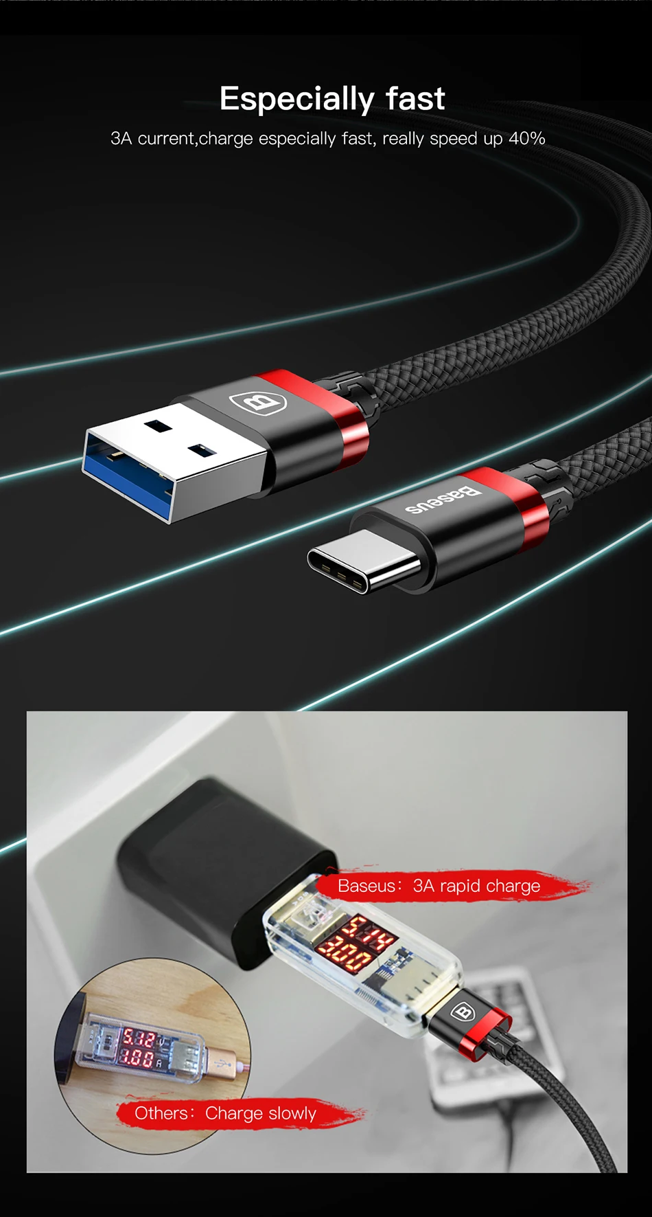 Baseus Тип usb C зарядный кабель для samsung Galaxy S9 S8 плюс Note8 USB 3,0 Тип-с быстрый зарядный кабель для передачи данных для oneplus 6 NEX 5 t 5 max