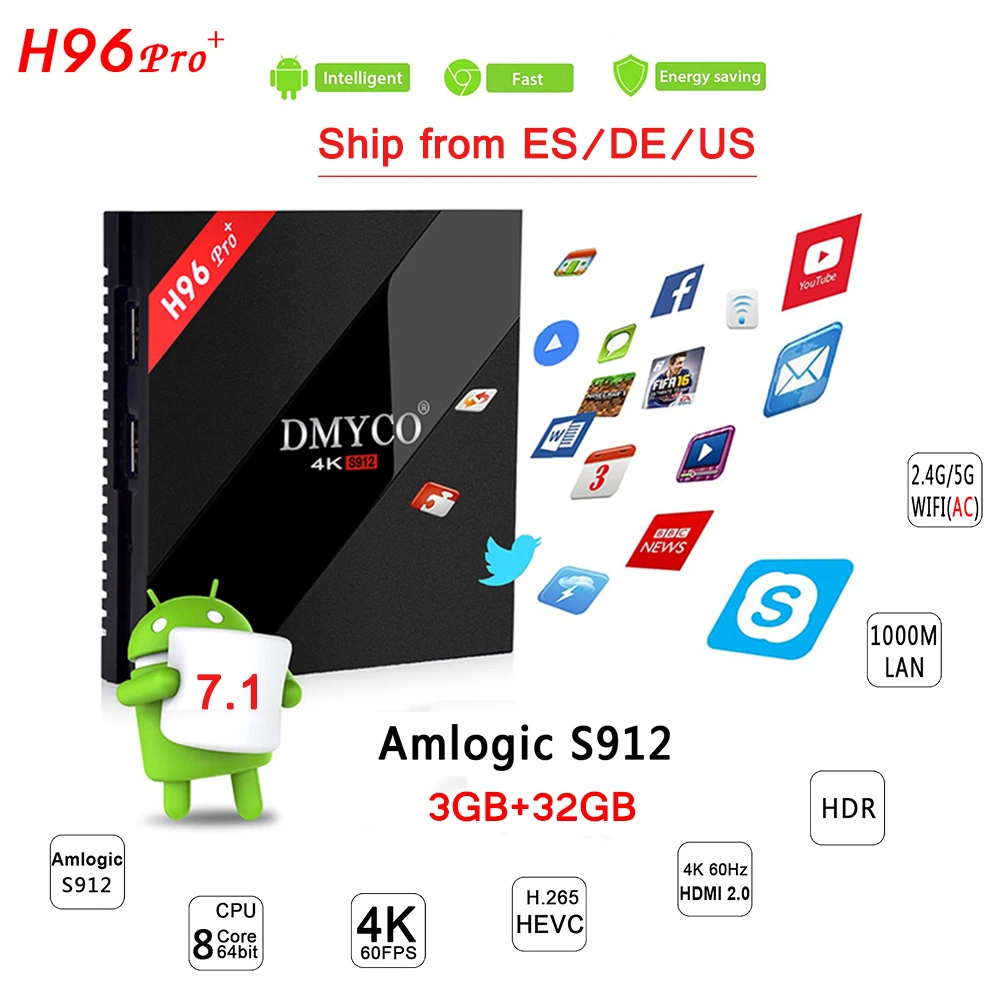 H96 PRO Plus Amlogic S912 Восьмиядерный ТВ коробка 3g 32G Двойной Wi Fi Bluetooth 4 1 Android 7 Смарт H.265 K