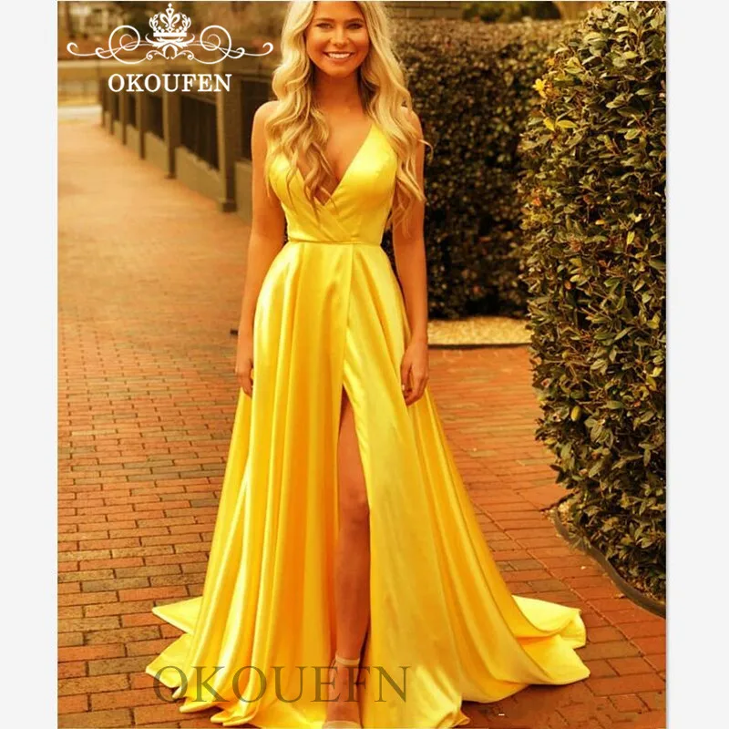2019 Золотые желтые атласные вечерние платья для женщин сексуальные спагетти