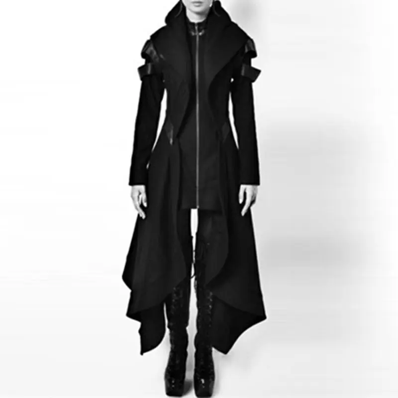 

Casual Black Long Coats Women Gothic Cool Plus Size 5XL Slim Hooded Zipper Vintage Winter Female Punk Overcoats Retro Outwear