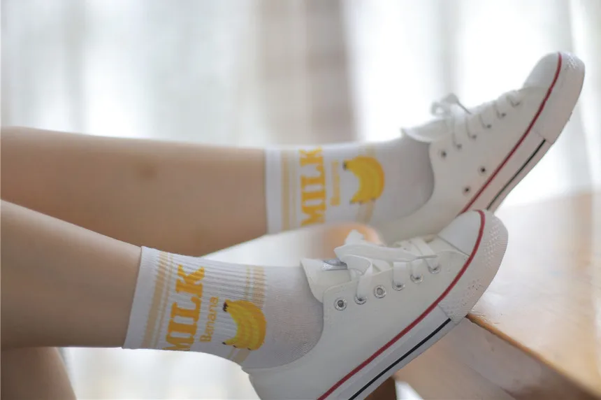 Pile Heap Milk Women Pink Socks Cotton Cartoon Fruit Print Cute Socks Meias Korean Harajuku Style with Cow Strawberry Banana 39