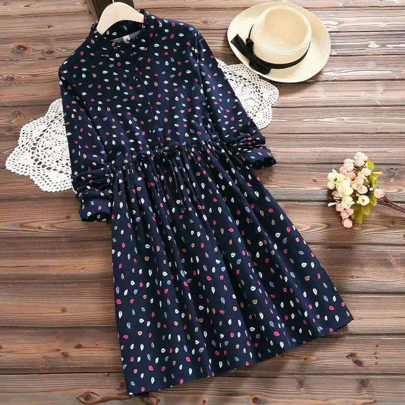 Mori Girl Autumn Winter Women Warm Dress Stand Collar Leaf Print Cotton Ropa Mujer Full Sleeve Navy Blue Pink Elegant Mini | Женская