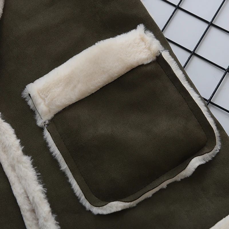 Винтажные зимние женские искусственного меха жилет цвета хаки кожа Sude меховой