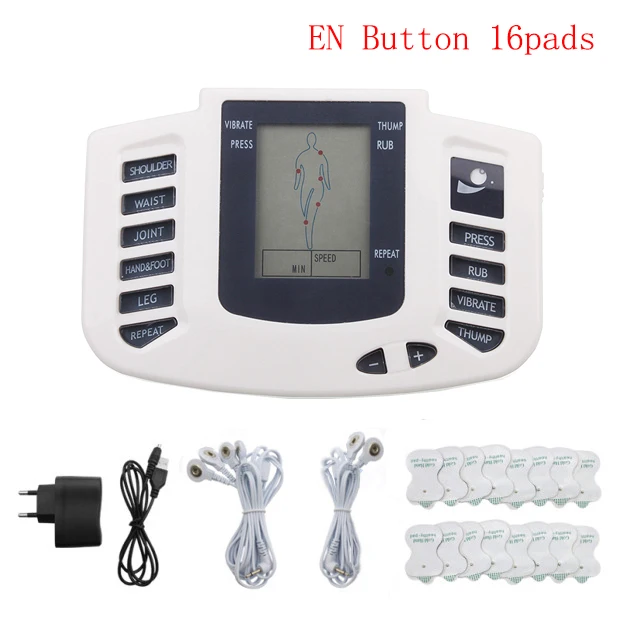 EN Button 16pads Электрический аппарат для стимуляции мышц русский кнопочный терапевтический массажер импульсный акупунктурный массаж всего тела Расслабляющий уход 16 подушечек - Цвет: EN Button 16pads