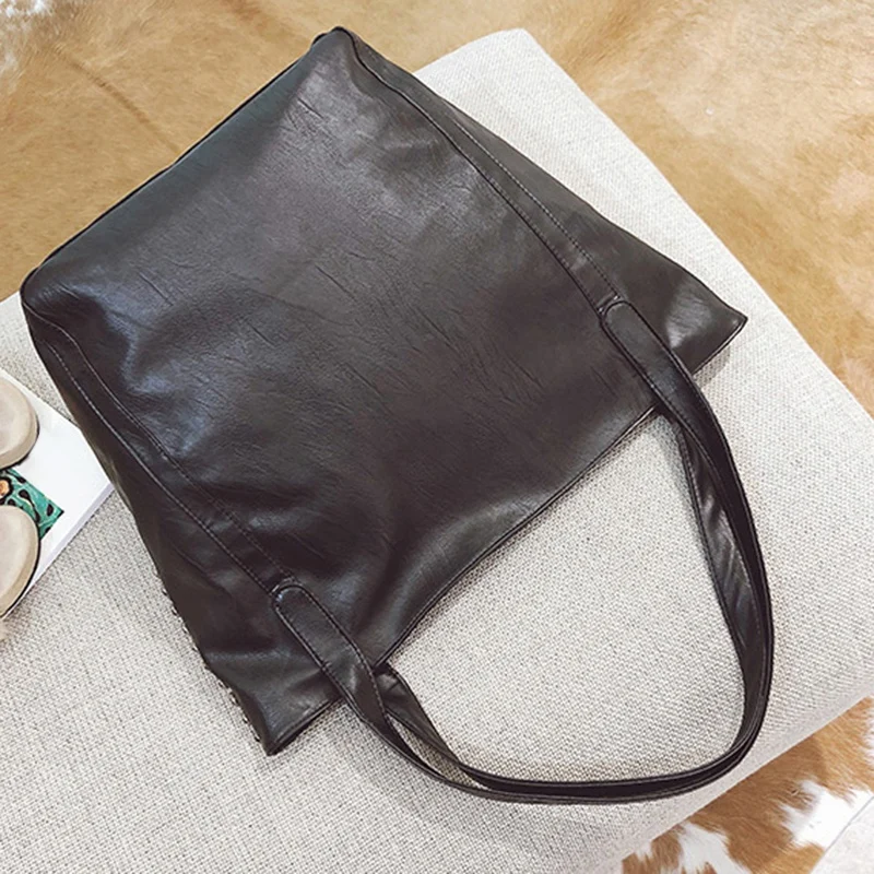 Big Bag For Women Summer Shopper Bag Tote Rivet Large Capacity Soft Leather Casual Black Handbag Ladies Sling Bag