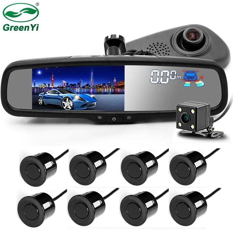 GreenYi " Автомобильная камера DVR двойной объектив зеркало заднего вида видео рекордер 1080P Автомобильный видеорегистратор зеркало с передним/задним 8 датчиком парковки