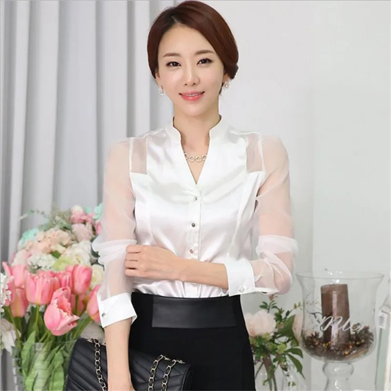 Прозрачные белые атласные блузки с длинным рукавом для женщин 2018 весна осень