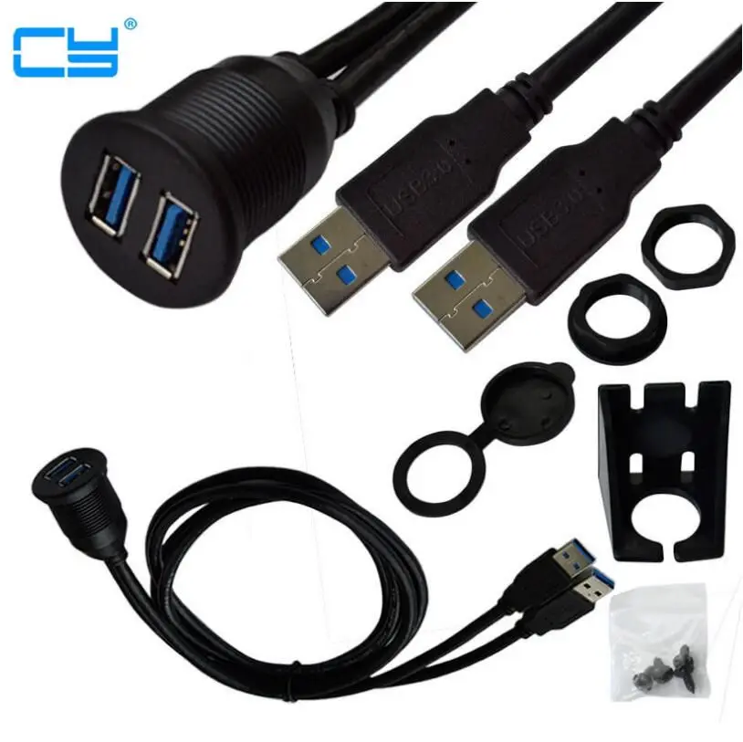

New USB 3.0 Port Male to Female Extension Cable Waterproof Flush Mount Dual USB Dock Adapter Dashboard Pan for Car Motorcycle 1M