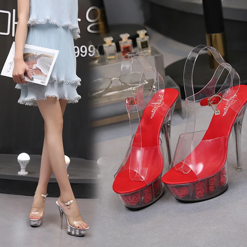 

Model catwalk high heel sandals 15cm stiletto waterproof platform crystal transparent high heels bride wedding shoe sexy sandals