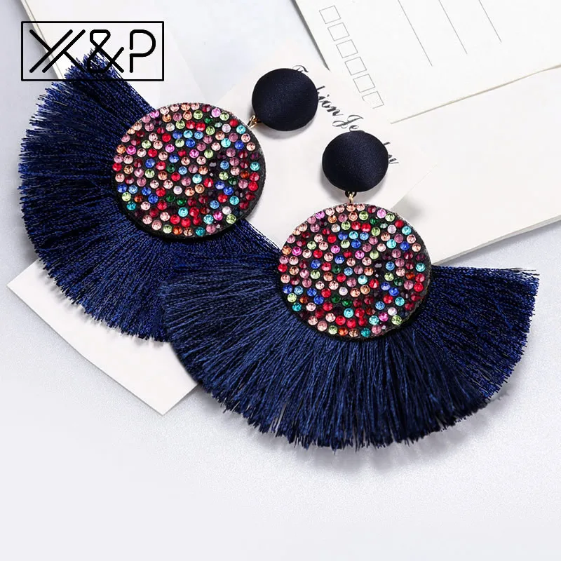 Blue X& P модные богемные большие серьги с кисточками и кристаллами, черные, белые, красные шелковые висячие серьги с ниспадающими кисточками для женщин, ювелирные изделия - Окраска металла: Blue