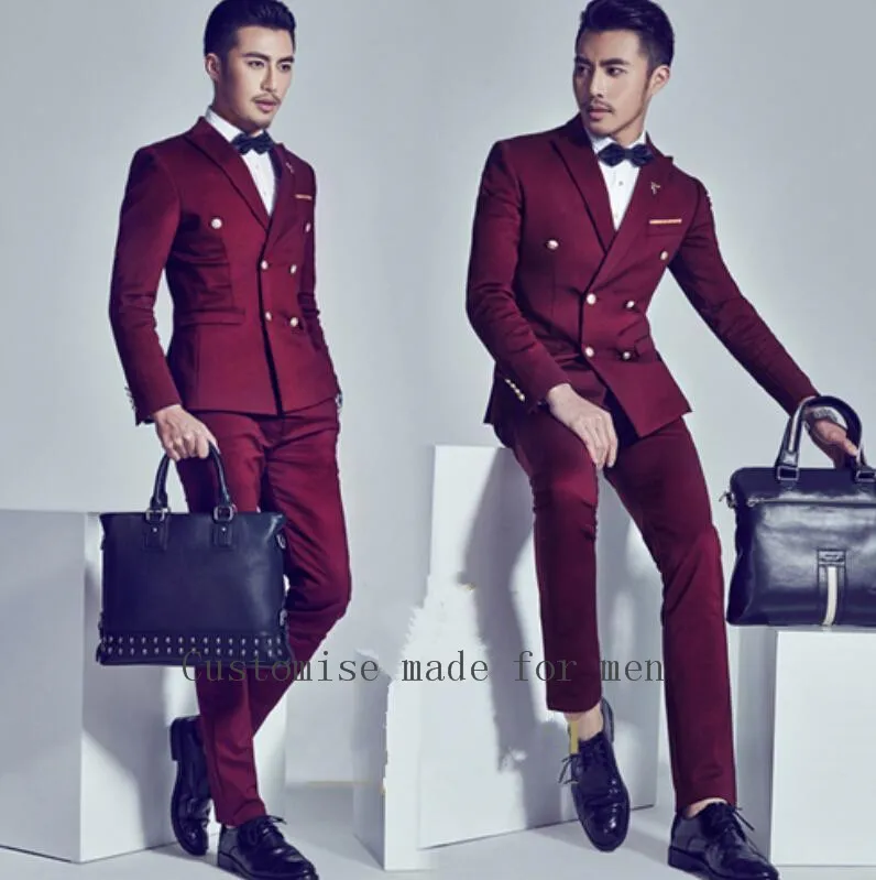 Красный в два ряда прикладом две пуговицы Slim Fit Terno Masculino модные красивые мужские
