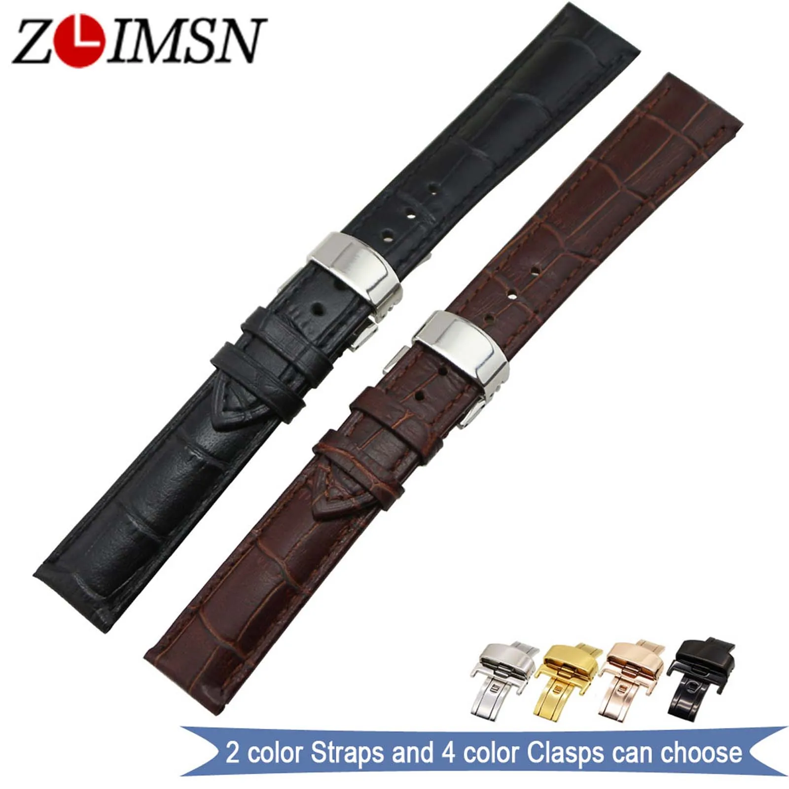 

ZLIMSN Watchbands Men Women Cowhide Genuine Leather Black Brown Watches Accessories 18mm 20mm Watch Band Strap Deployment Clasp