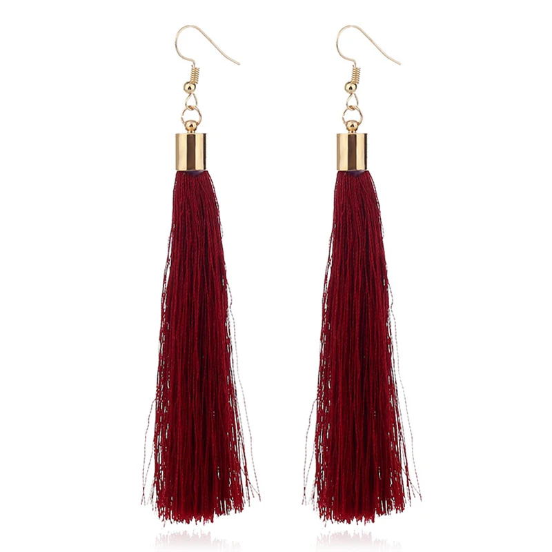 wine red Женские серьги с кисточками от бренда ZHINI, модные ювелирные изделия в богемном стиле, Висячие черные длинные серьги из шелковой ткани, этнические Винтажные серьги - Окраска металла: wine red