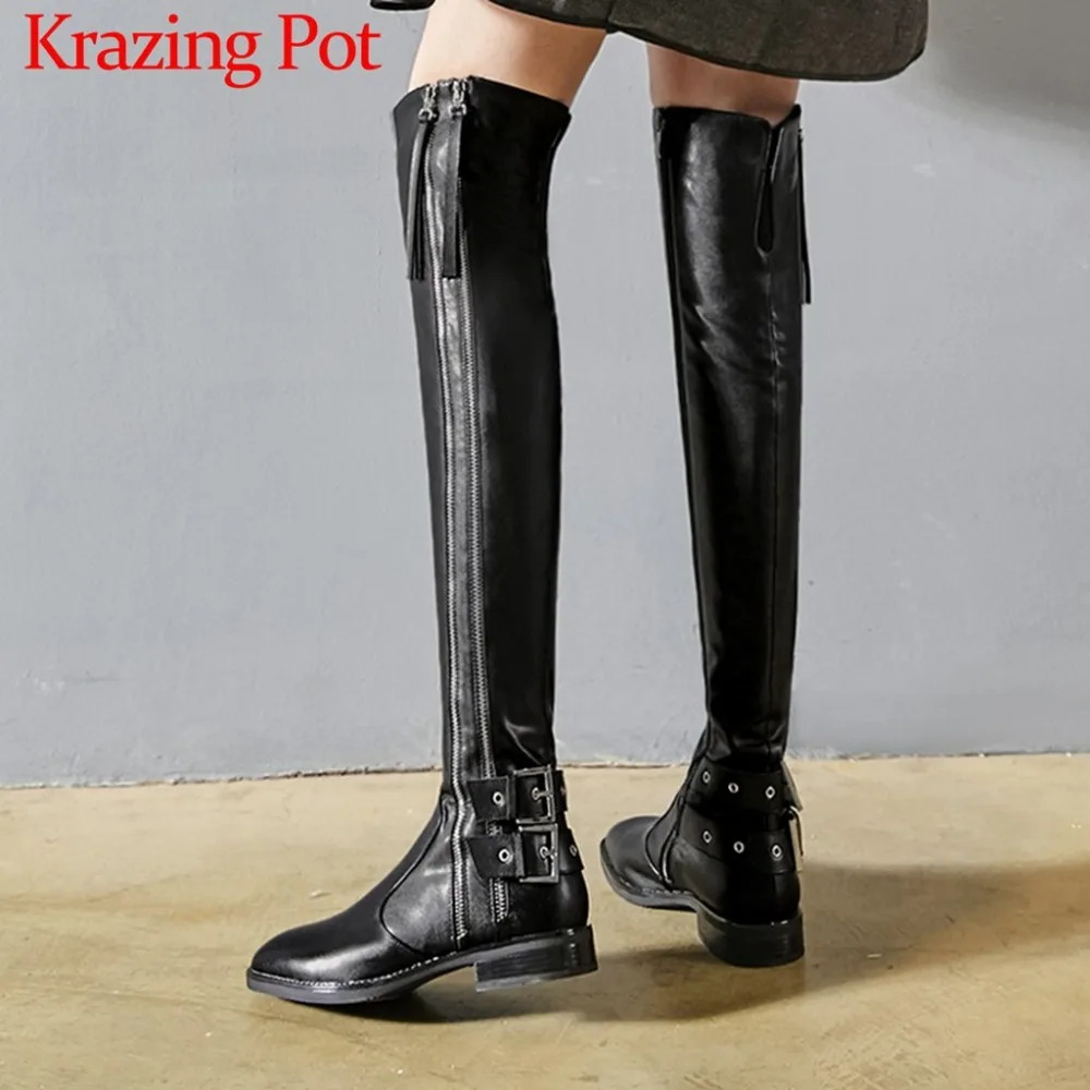 2019 high street fashion zip cow leather square toe young lady low heels buckles nightclub classic stretch thigh high boots L15