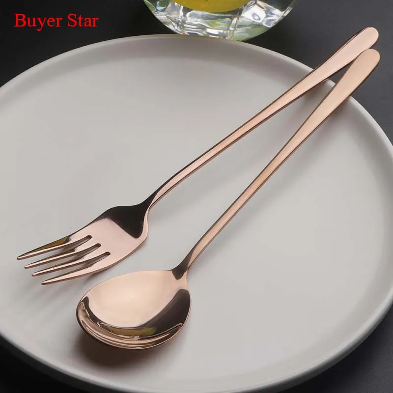 rose gold 2 шт. Корейская 18/10 столовая посуда из нержавеющей стали столовая вилка золотой набор ложек для салата Длинные ручки черные корейские ложки кухонные инструменты - Цвет: rose gold