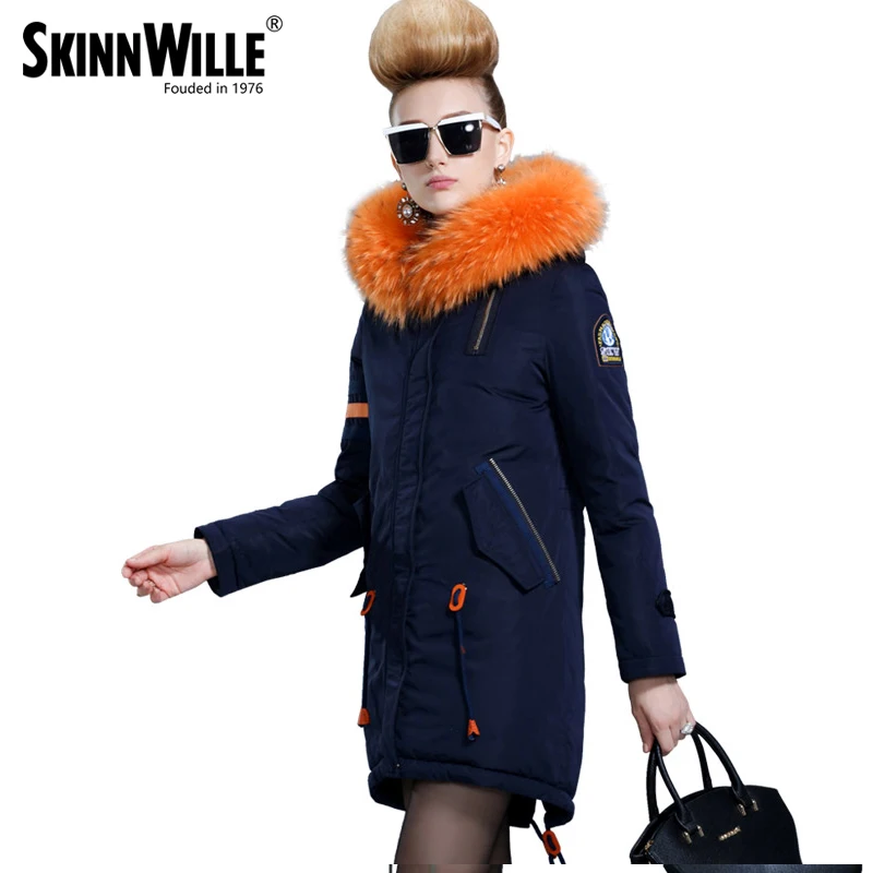Skinnwille Зимнее Пальто Женщин 2017 Мех Воротник Средней Длины Белая Утка Вниз Моды