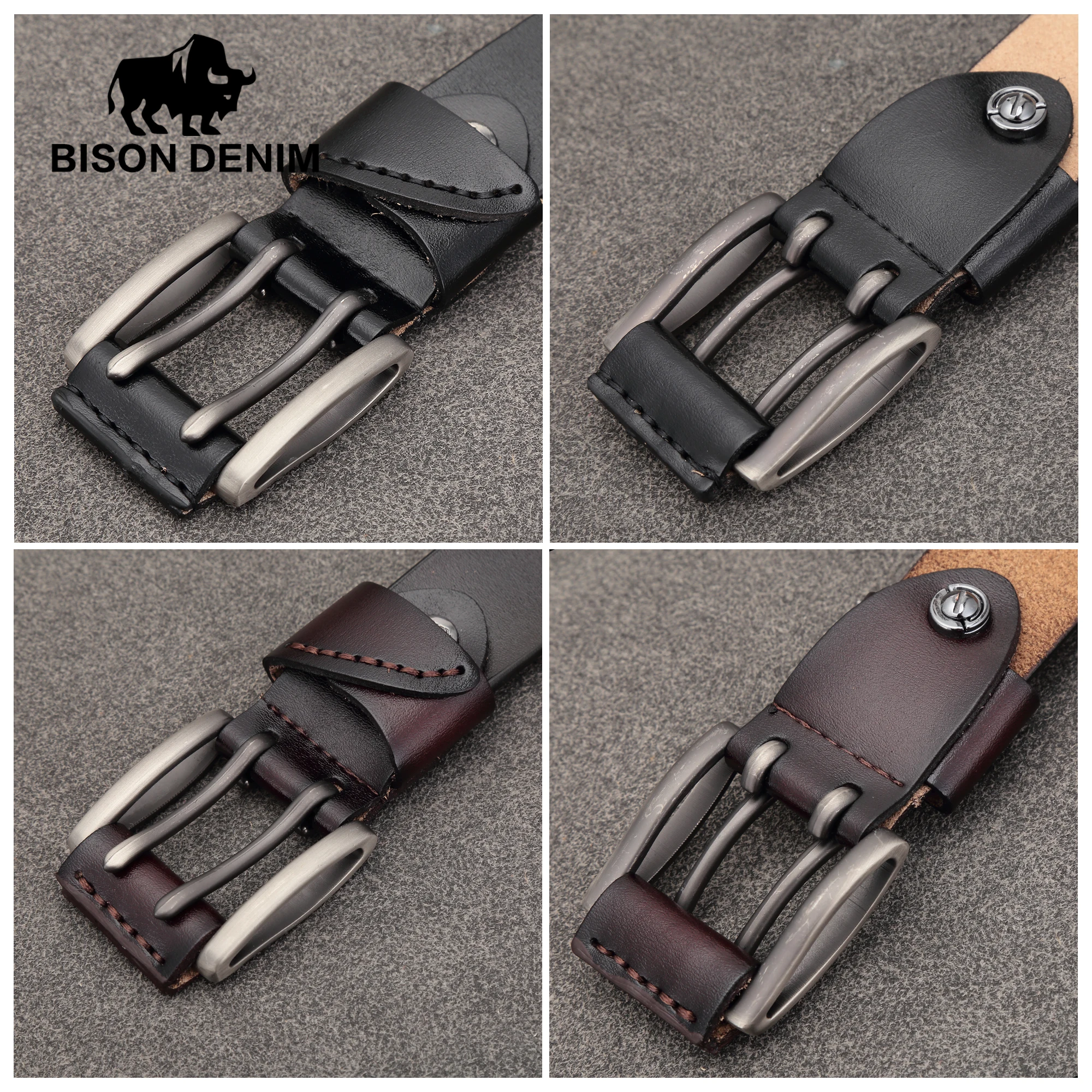 Мужской ремень из натуральной кожи BISON DENIM Черный винтажный кожаный пояс с