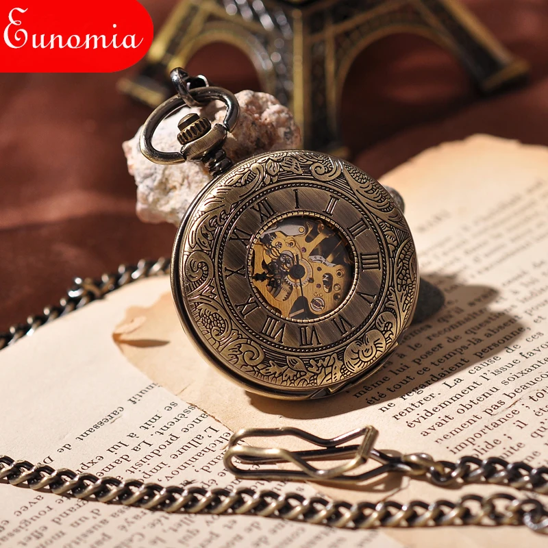 Бронза лоза Скелет стимпанк римские цифры карманные часы Для мужчин женщин