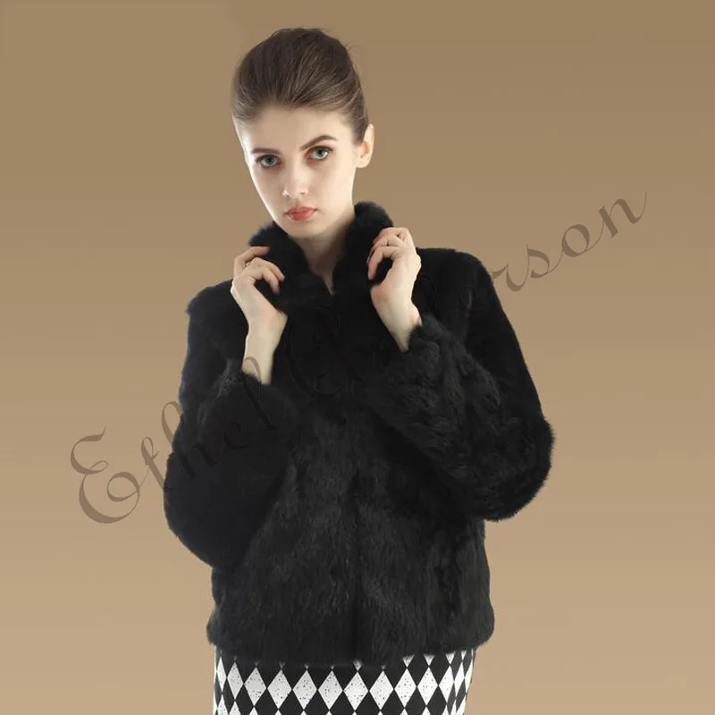 Ethel Anderson Women's Real Rabbit Fur Coat Stand-up Collar Design Jacket White/Black