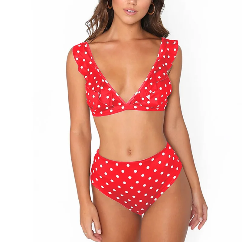 red 1838 Купальный костюм из двух частей, купальный костюм для женщин, в горошек, с оборками, высокая талия, бикини, купальный костюм, бикини, набор,, женский купальный костюм - Цвет: red 1838