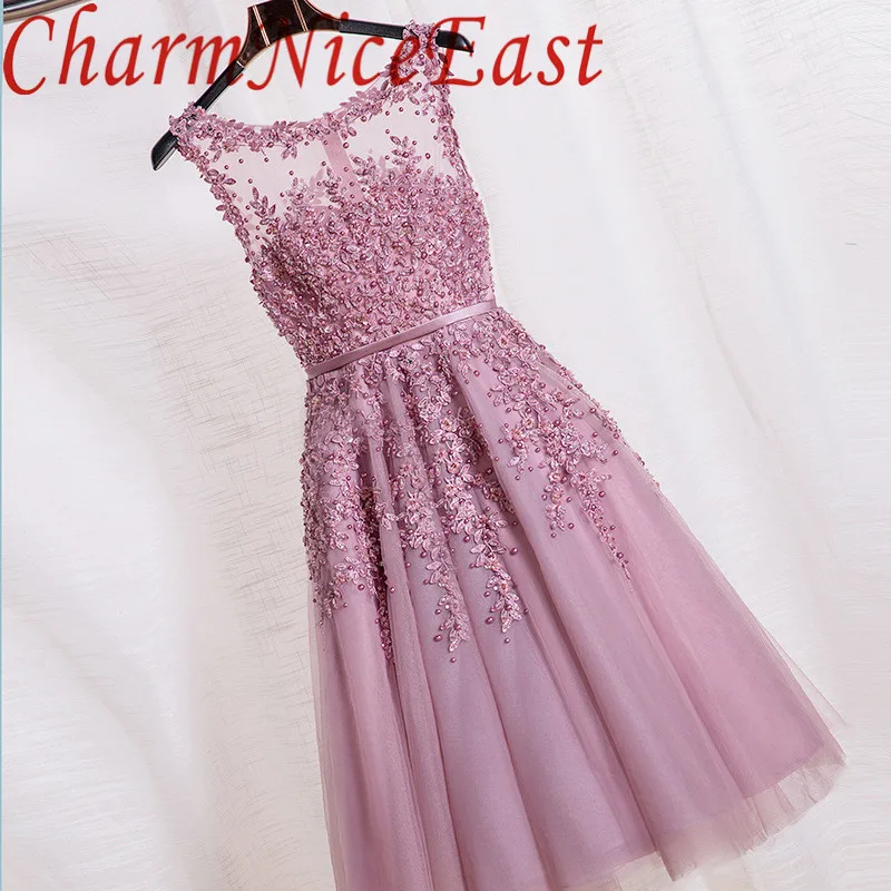Розовые кружевные Короткие вечерние платья вышивка с бисером перспектива спинки