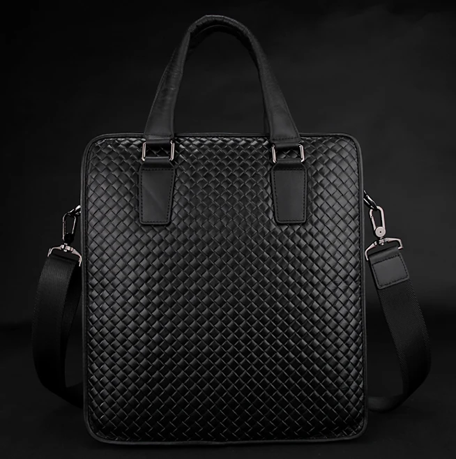 New Fashion knitted Genuine Leather Men Briefcase Man Shoulder Bag Messenger office Handbag Black tote Business | Багаж и сумки