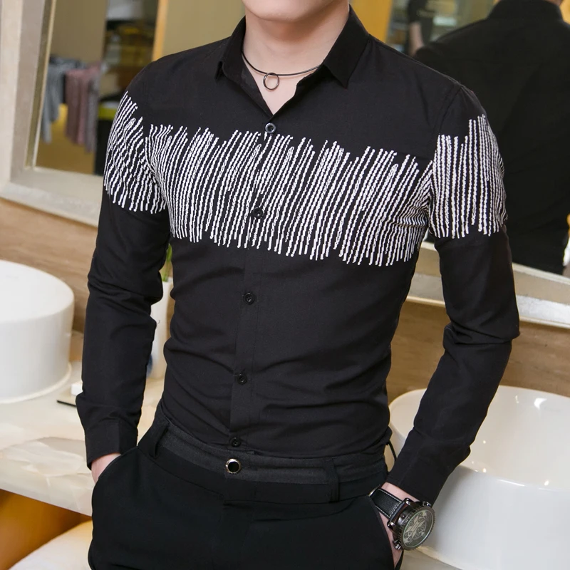 2019 Новая модная мужская рубашка с длинным рукавом Тонкая Корейская трендовая
