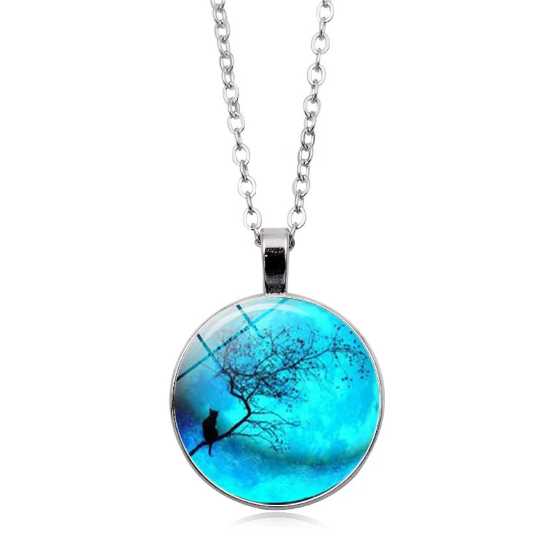 Стеклянная подвеска с кабошонами ожерелье синими лунами и кошками стеклянная в