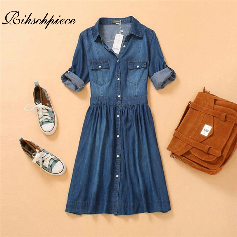 Rihschpiece летнее джинсовое рубашка платье женское больших размеров 4xl vintage туника
