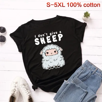 SINGRAIN, S-5XL размера плюс, футболка, милая, с принтом овечки, футболка, хлопок, с надписью, женские топы, свободные, повседневные, с рисунком животных, футболка - Цвет: black