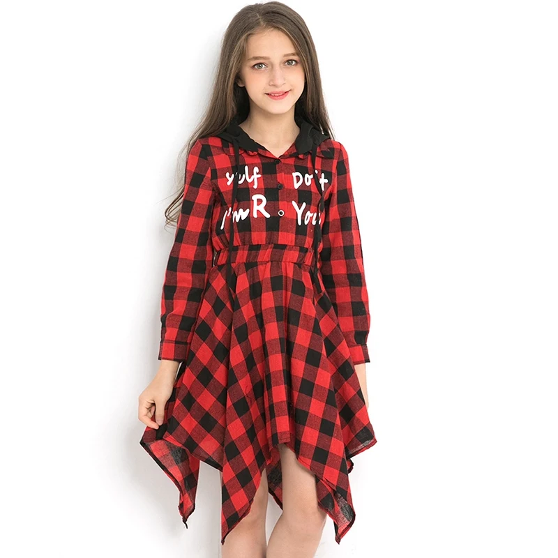 Q25 autumn dress Детское платье-блузка для девочек клетчатые платья с длинными рукавами с капюшоном и буквенным принтом для девочек Одежда для подростков 11, 12, 13, 14 лет асимметричный подол - Цвет: Q25 autumn dress