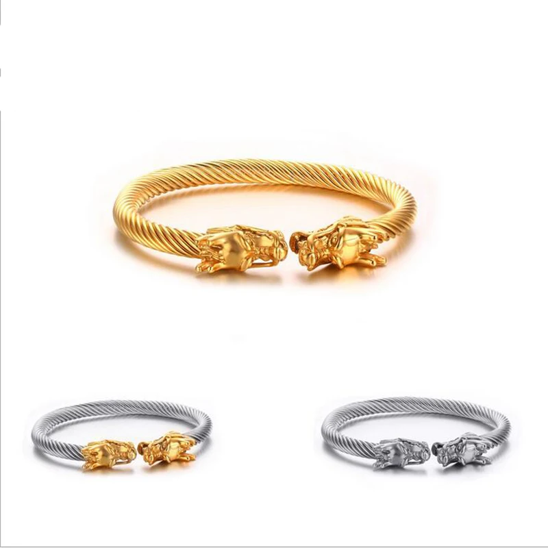 Черный/золотой двойной дракон голова браслеты панк Womem крутые мужские ювелирные