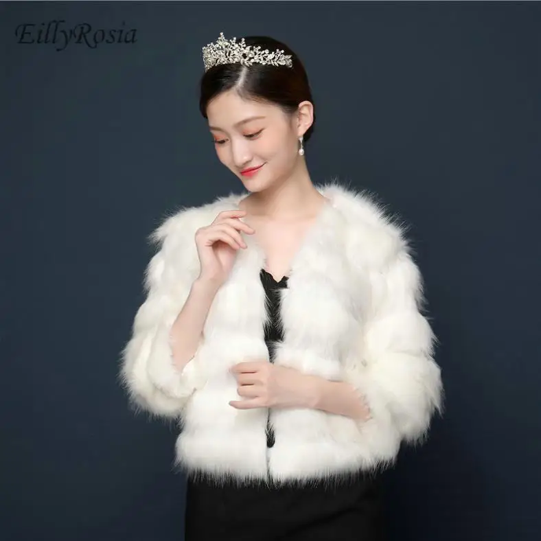 3/4 Long Sleeve Faux Fur Bolero Evening Wedding Women Wraps White Fur Shrugs Jacket Fashion Bridal Bridesmaids Cover Up Elegant