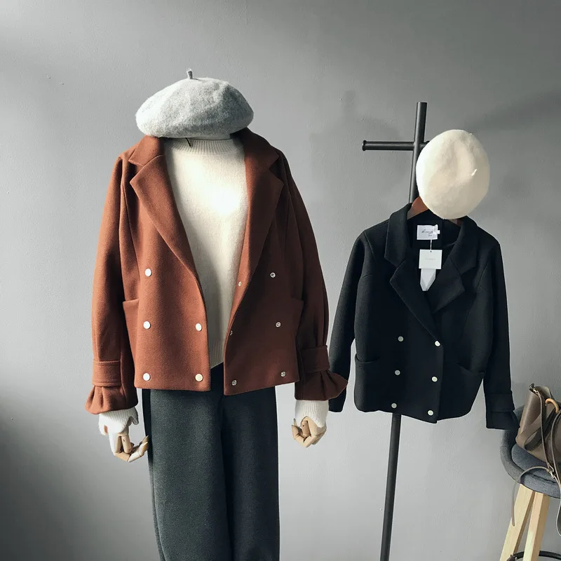 Повседневное свободное короткое Женское шерстяное пальто с отложным воротником
