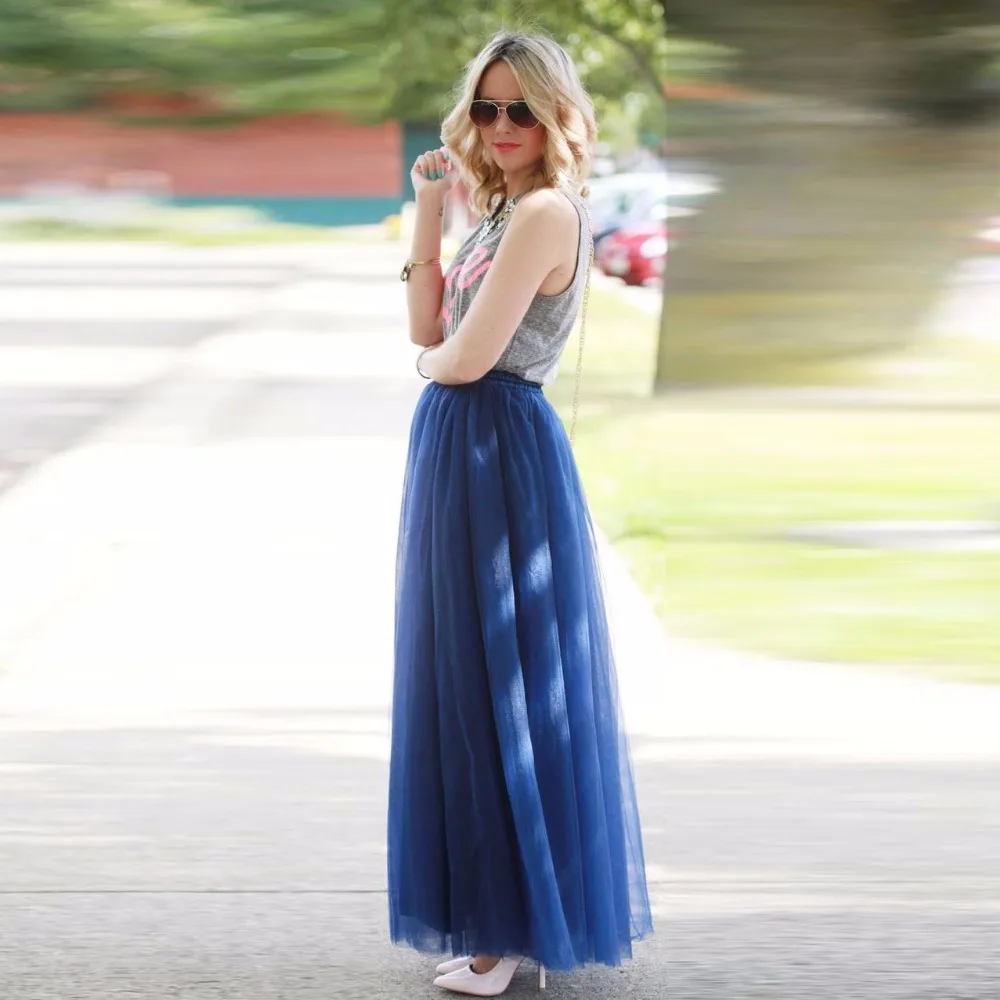 

Dark Blue Long Tulle Skirt Elastic Waist A Line Floor Length Full Maxi Skirt Spring Summer Skirts Women Casual Style