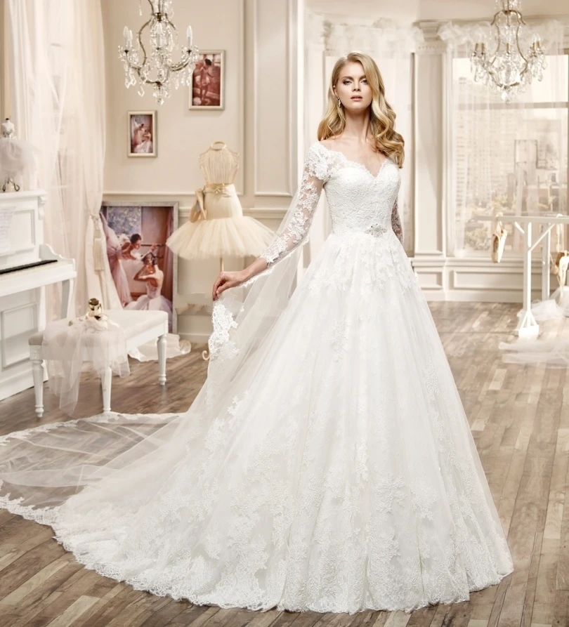 Vestido Де Casamento 2017 Сшитое Белый/Слоновая Кость Тюль Аппликации Кристалл Семь Рукав