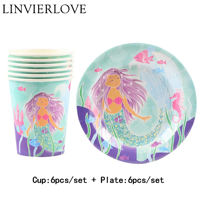 Plate and Cup 12pcs 12 шт. бумажные стаканчики с изображением Русалочки+ тарелки для свадьбы, украшения на день рождения, красочные детские вечерние столовые приборы для фестиваля океана - Цвет: Plate and Cup 12pcs