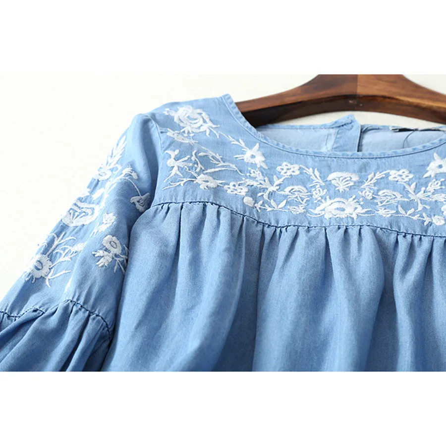 Женское джинсовое платье с вышивкой этническое Повседневное рубашка круглым