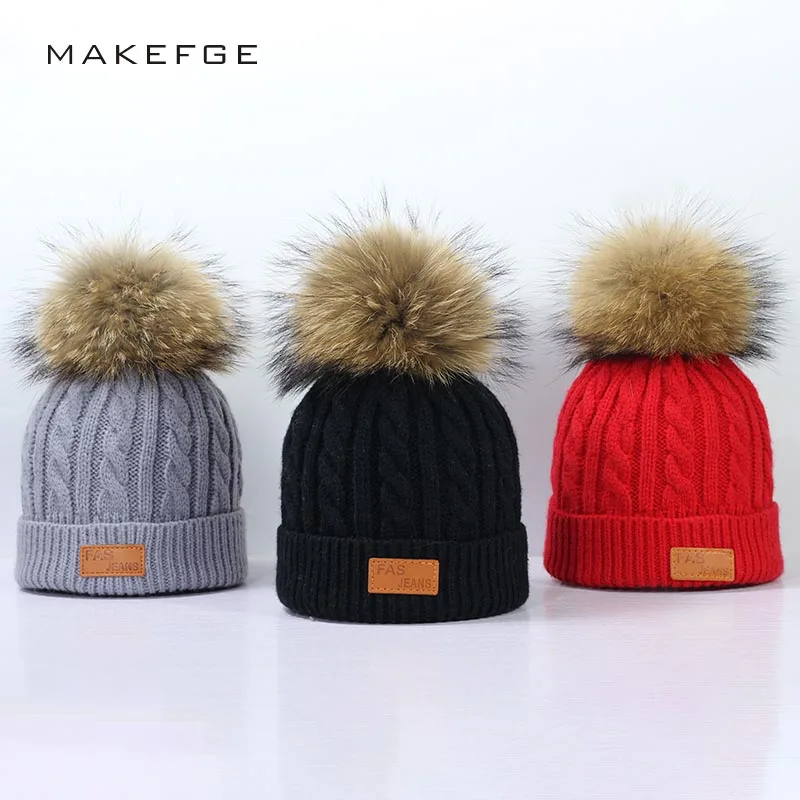 

2018 warm Winter Pompom hat for Kids Ages 2-7 Knit Beanie winter baby hat for children fur Pom Pom Hats for girls and boys