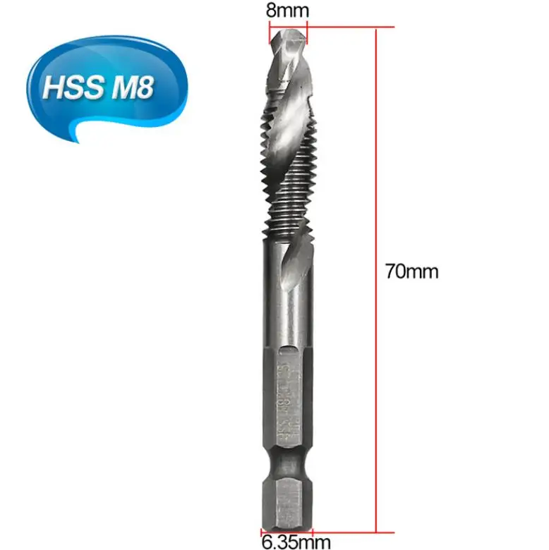 

1/4'' Hex HSS High Speed Steel Thread Spiral Screw M3 M4 M5 M6 M8 M10 Metric Composite Tap Drill Bit Tap 6pcs/set