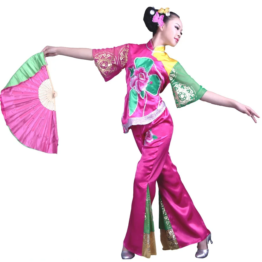 

2017 Ancient Chinese Costume Chinese Folk Dance Yangko Costumes Peony Embroidery Gradient Color Female Drum Performance Clothes