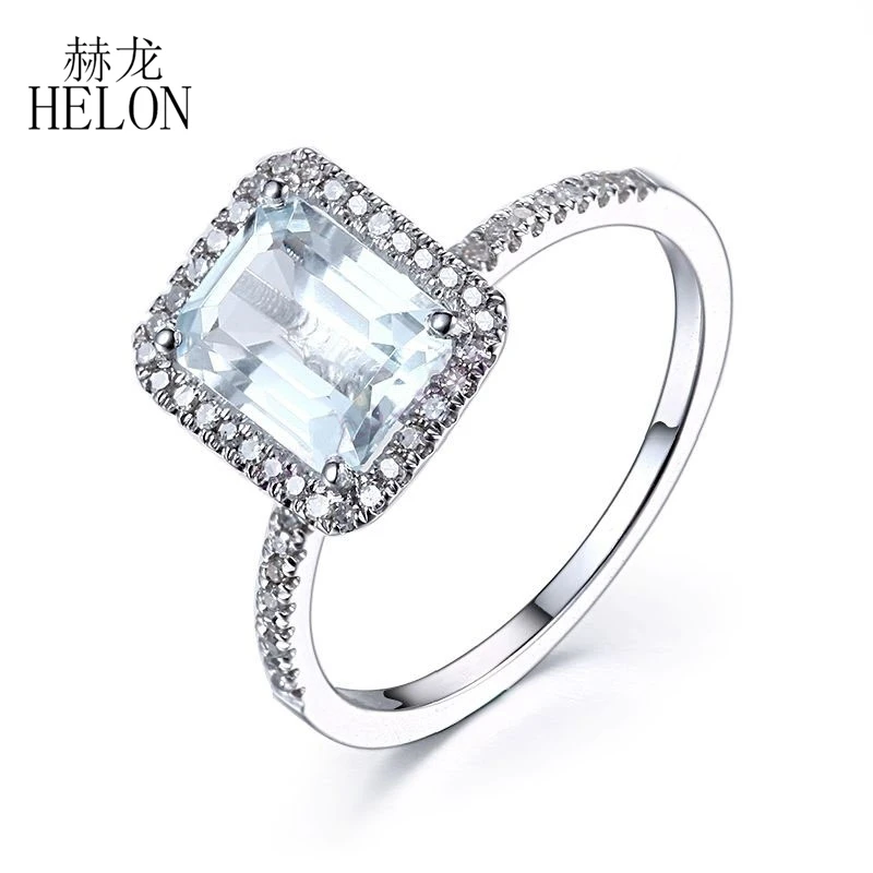 Helon 1.5 ctcushion Cut 8x6 мм Натуральный аквамарин и природных алмазов Твердые 10 К белого золота Обручение Свадебные для женщин Jewelry Кольцо